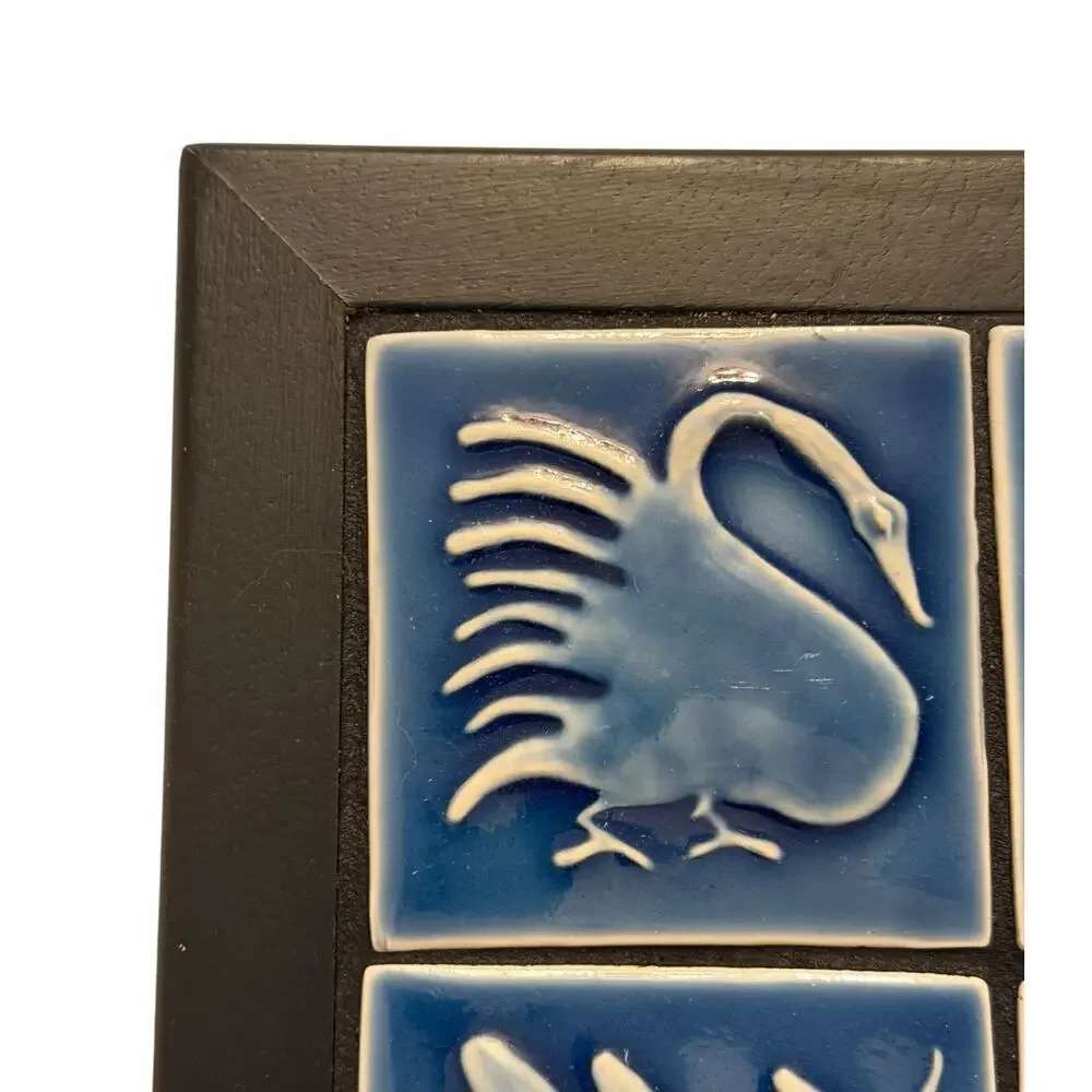 Vintage SWAN Wood Ceramic Tile TRIVET Wall Art Decor Blue 3710/67
